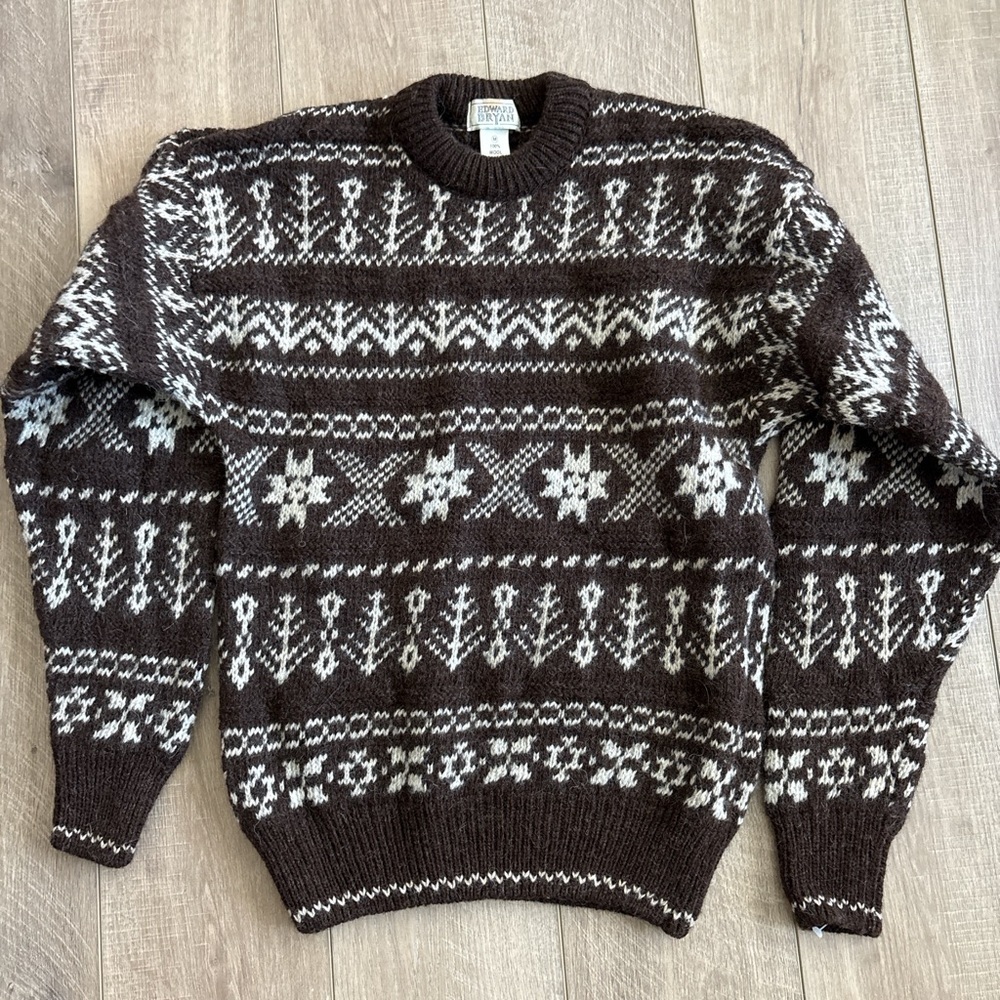 Unbranded Brown & Cream Nordic Crewneck Wool Sweater